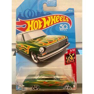Hot Wheels 63 Chevy II HW Flames Die-Cast Car 50th Anniversary 9/10 Green & Yell